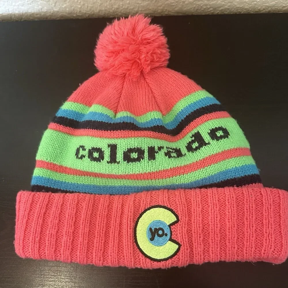 YoColorado Retro Flyer Beanie Cuff‎ Bright Pink Green Pompom Puff